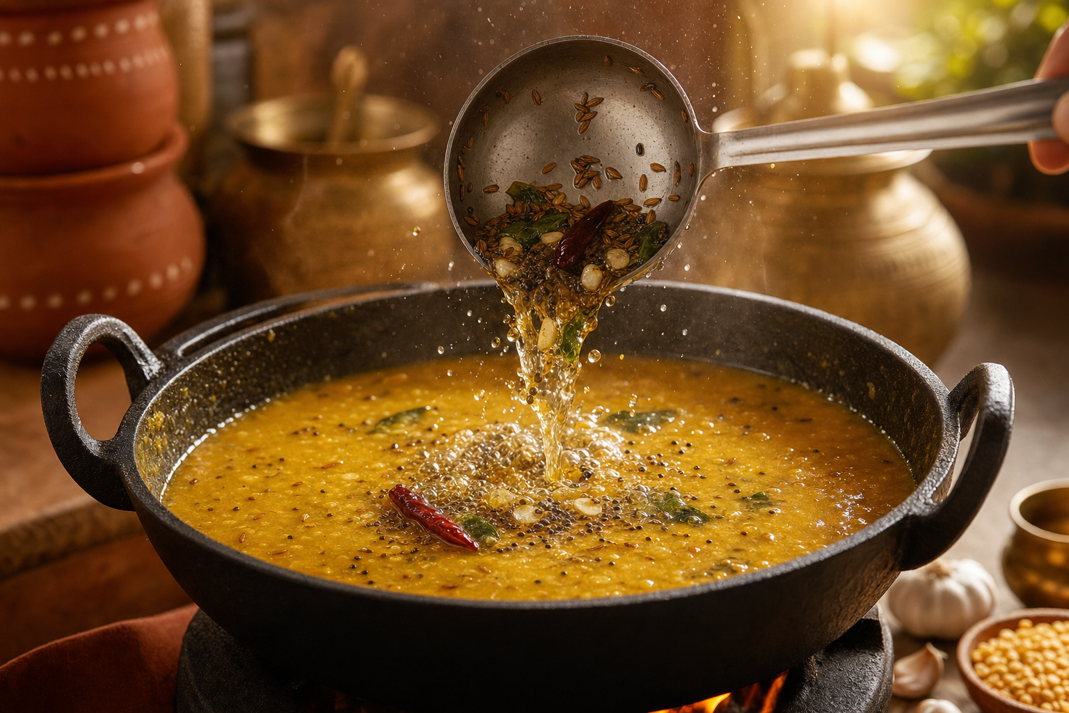 A cast-iron ladle drizzling shimmering ghee tempering with reddened cumin, garlic and red chilli into a black kadhai of just-cooked yellow dal, steam rising