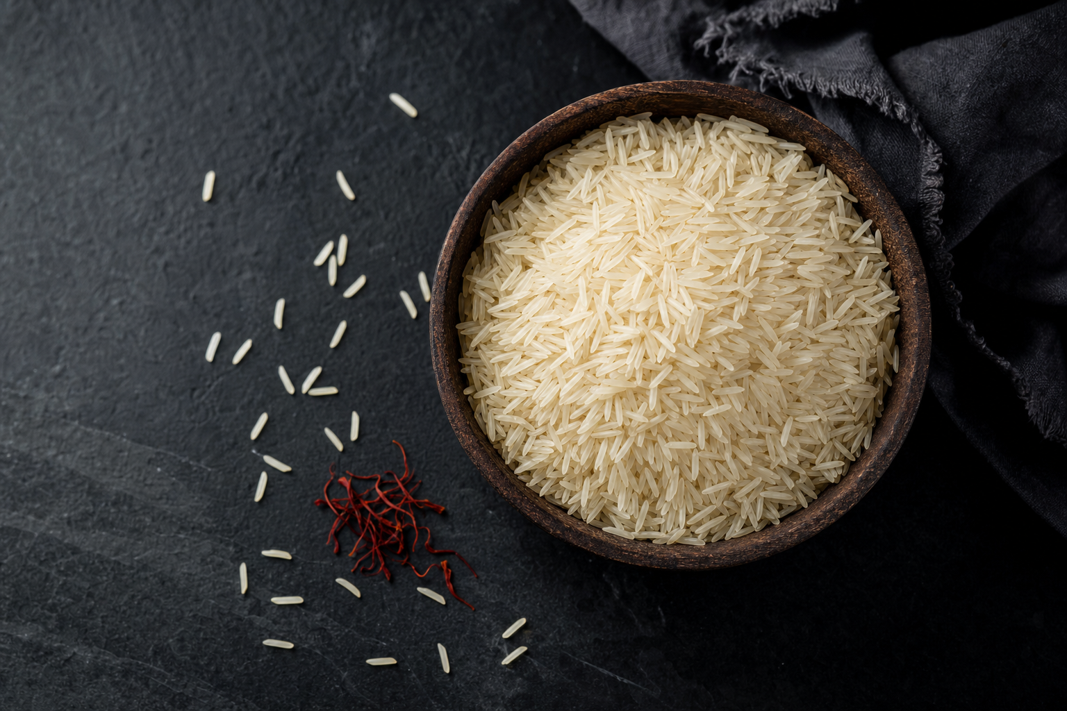 Close-up of long, ivory-white aged basmati grains on a dark slate surface, with a few raw grains scattered beside a small clay bowl of cooked rice
