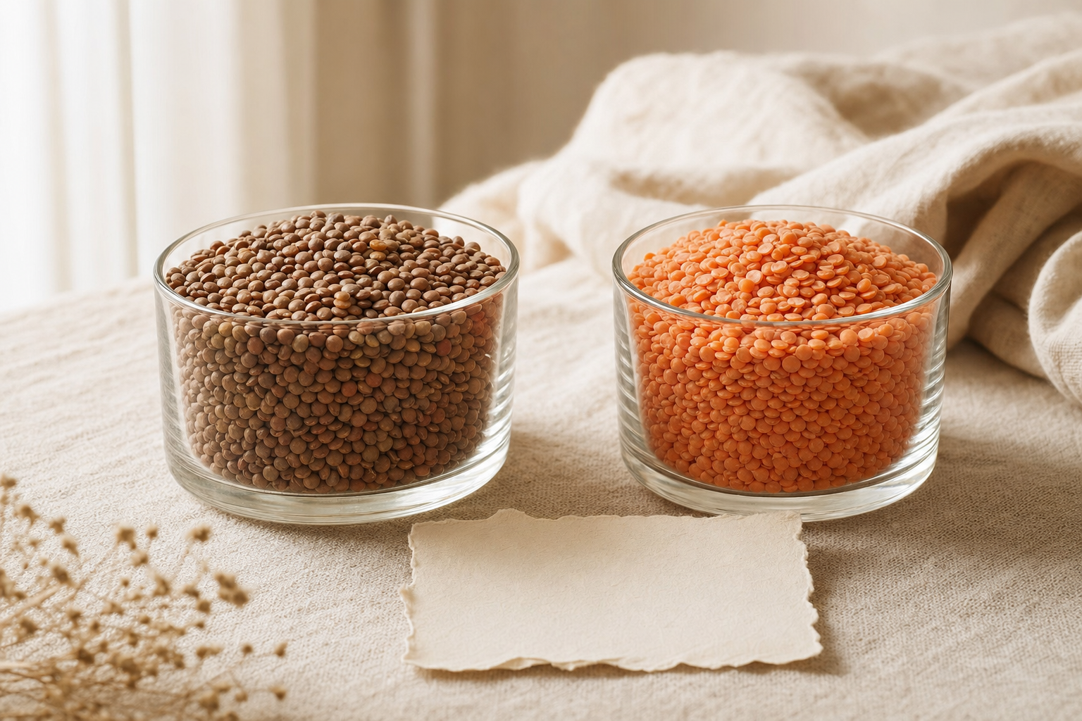 Two clear glass containers on a linen surface — one filled with whole sabut masoor showing dark seed coats, the other with split dhuli masoor showing coral pink halves