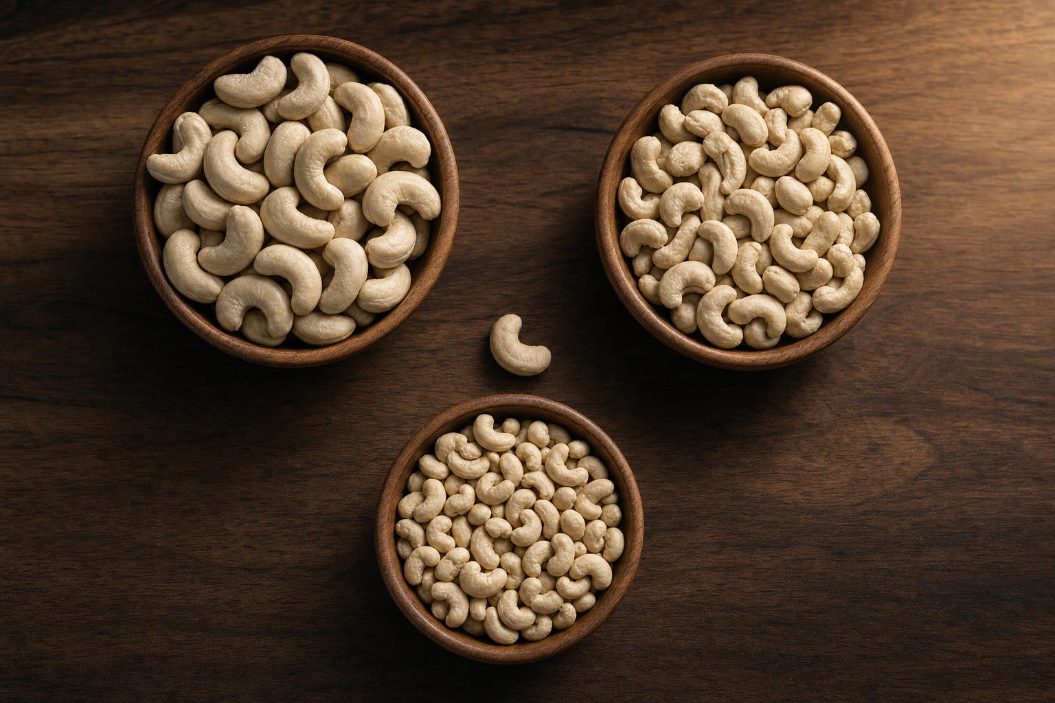 Three shallow wooden bowls side-by-side showing large W180, medium W240 and smaller W320 whole cashews under soft daylight