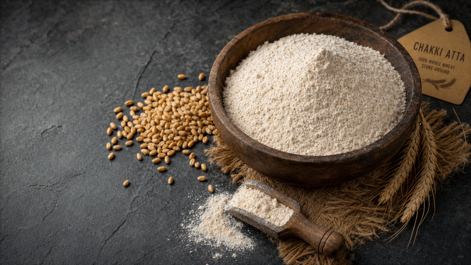 Warm golden chakki atta flour spilling from a cloth bag next to whole wheat grains on a textured dark surface