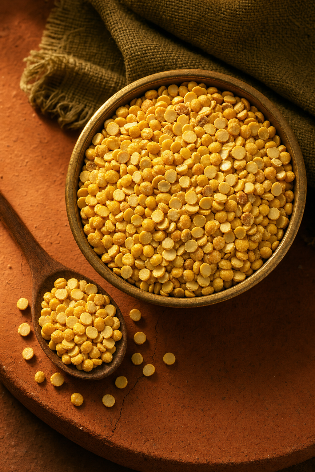 A brass bowl of golden chana dal on a terracotta surface, warm afternoon light