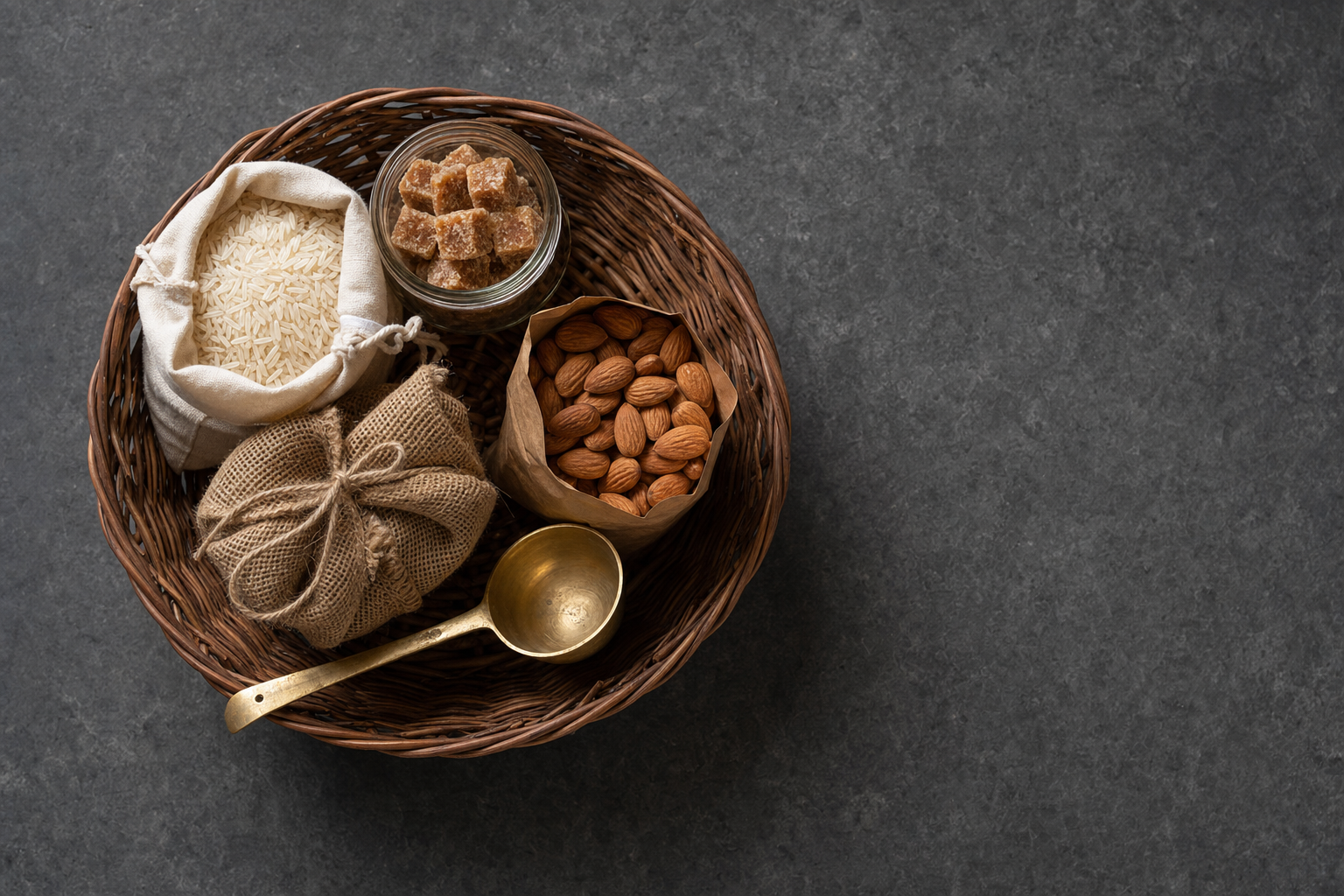 A premium Indian grocery basket with brand-packed products, suggesting multi-channel distribution