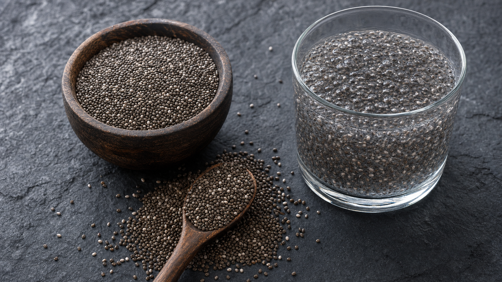 Chia seeds in a glass bowl next to a chia pudding with jaggery and mango topping, on a light wooden surface