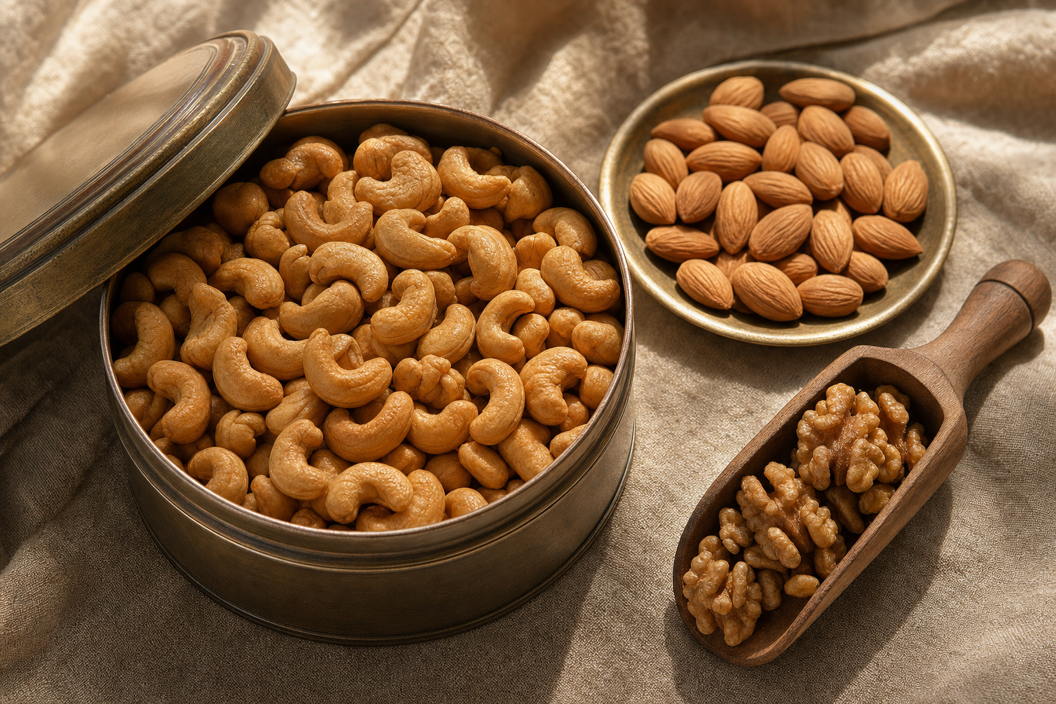 Open tin of roasted W240 cashews with a brass dish of Mamra almonds and a wooden scoop of Kashmiri walnut halves