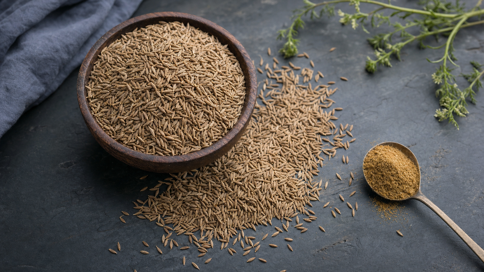 Close-up of whole sortex-cleaned jeera (cumin seeds) in a wooden bowl with scattered seeds on a dark surface