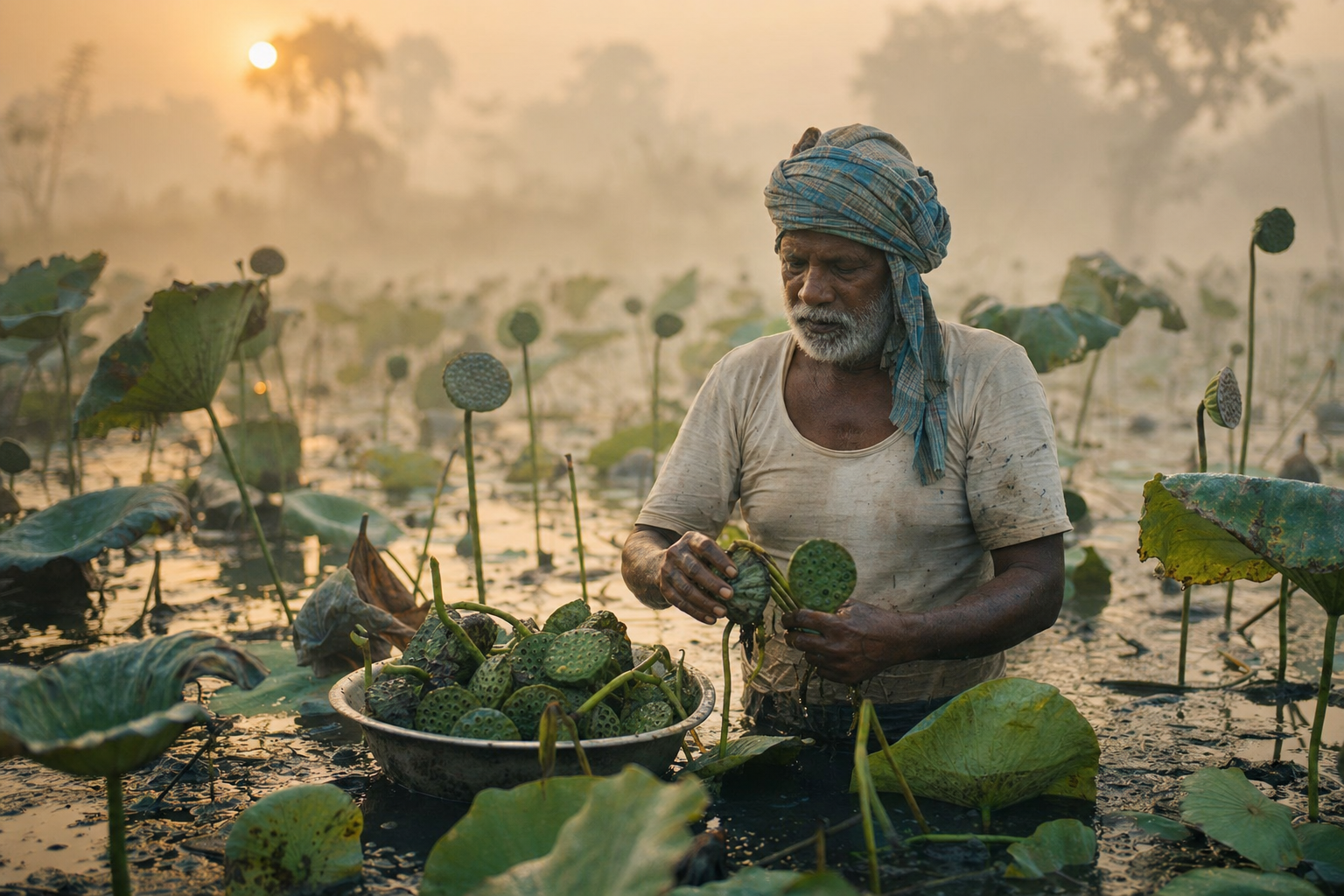 Hand-harvested phool makhana lotus seed pods being collected from a misty Mithila pond at dawn