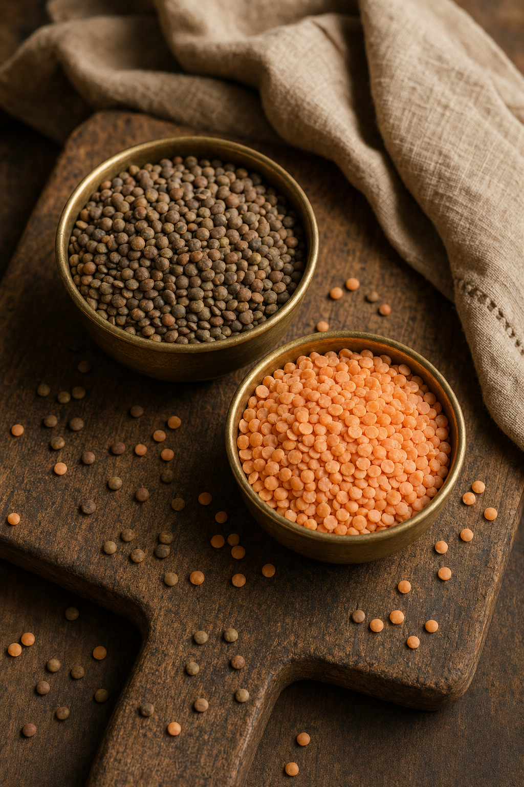 Whole sabut kaali masoor and split dhuli masoor dal in two brass bowls on a rustic wooden board with linen cloth