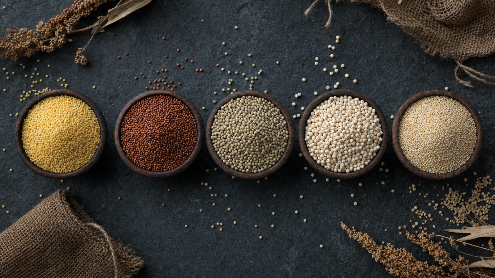 Flat lay of seven millet varieties — ragi, bajra, jowar, foxtail, kodo, little, barnyard — in small bowls arranged on a natural linen surface