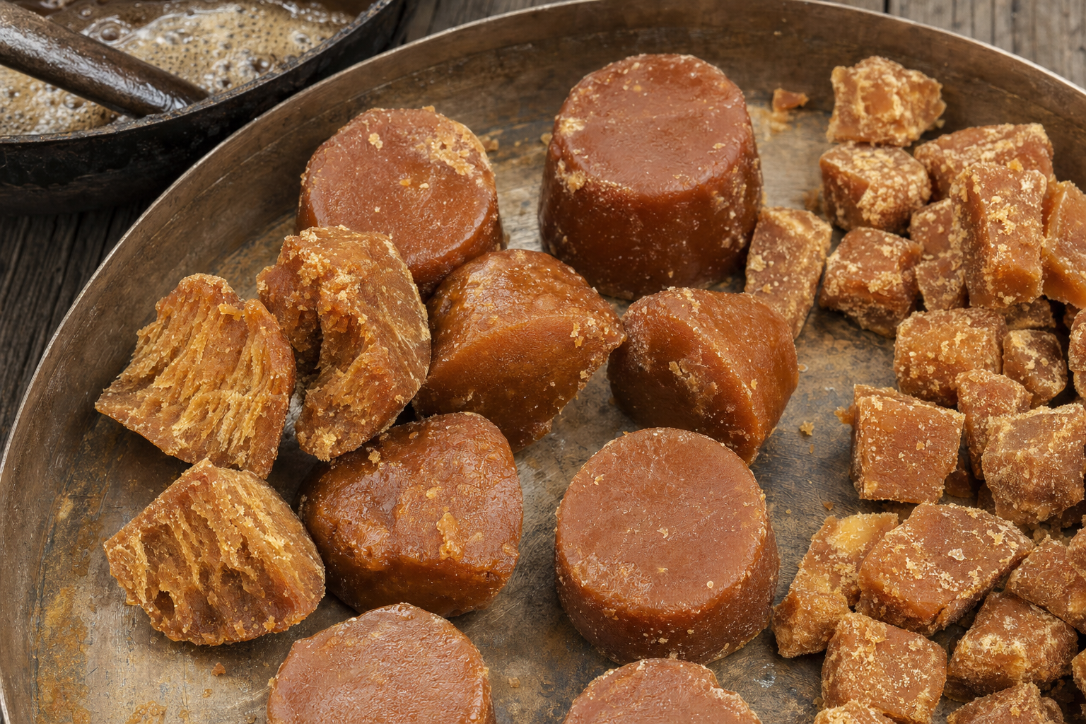 Amber-brown pure Indian jaggery blocks and cubes cooling in a traditional shallow tray, showing internal fibre
