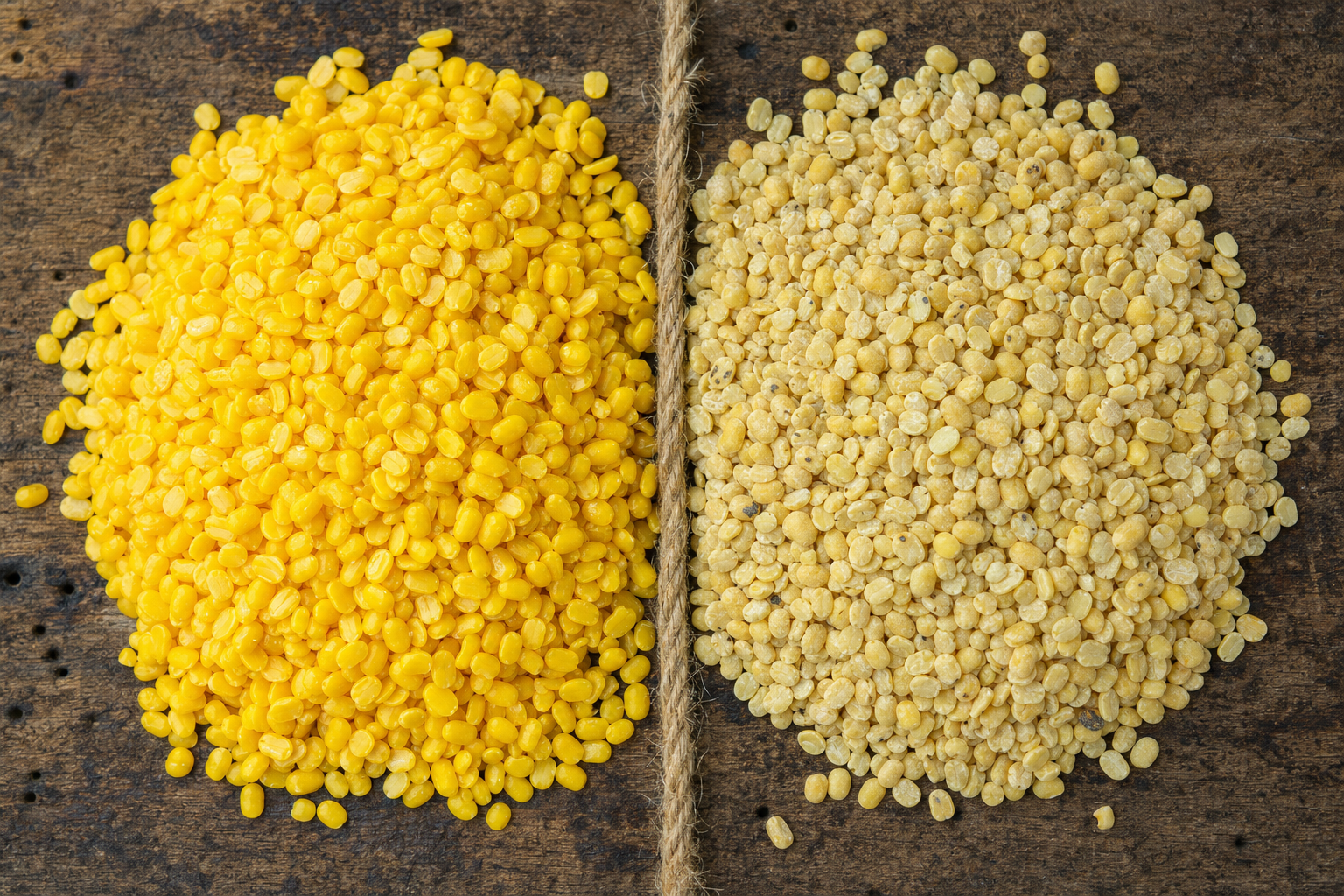 Split shot on a white marble surface — glossy bright yellow polished moong dal on the left, matte pale yellow unpolished moong dal on the right, both in identical shallow bowls