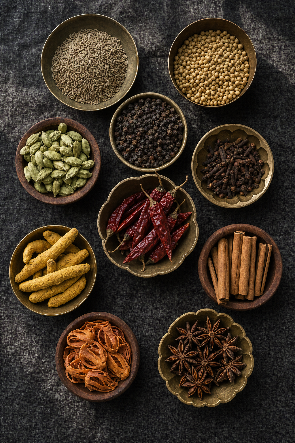 Whole Indian spices arranged in brass and wooden bowls on dark linen — cumin, coriander, black pepper, cardamom, cloves, red chillies, turmeric, cinnamon, mace and star anise