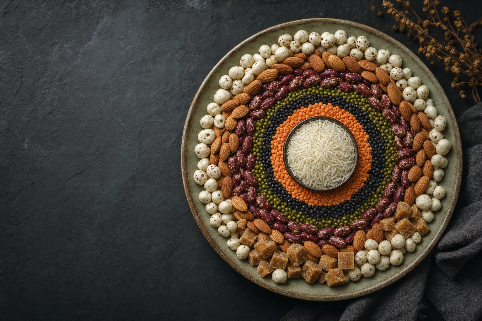 A concentric mandala of premium Indian staples — basmati rice, pulses, almonds, makhana and jaggery — arranged with quiet precision